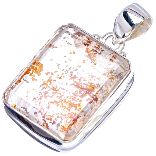 Sterling silver marcasite-in-quartz pendant, rectangular clear quartz with golden specks and bail