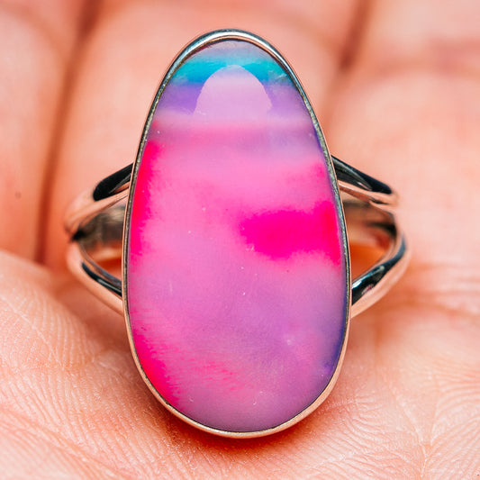 Teardrop opal ring with pink-to-violet and blue sheen, .925 sterling silver setting