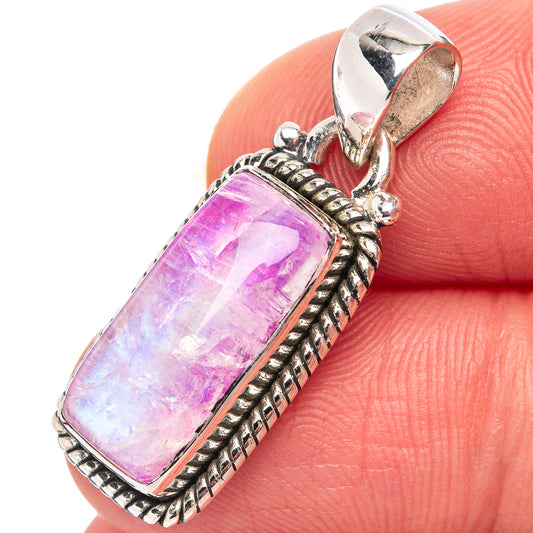 Pink moonstone pendant close-up, .925 sterling silver ornate wire border and bail