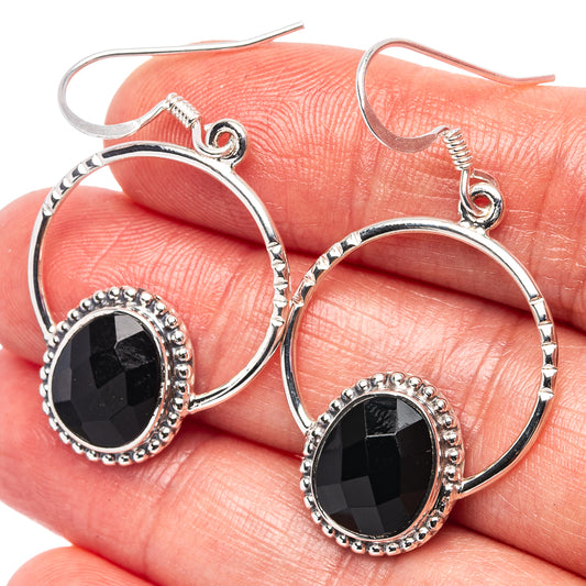 Round black gemstone hoop earrings in .925 sterling silver, beaded halo detail