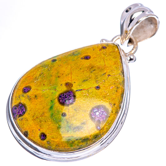 Sterling silver teardrop pendant with yellow stone, purple dots and gray swirl accents