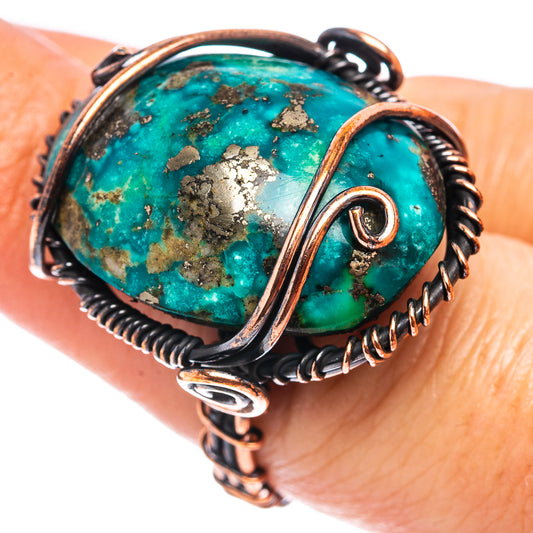 Turquoise wire-wrap ring with oval stone, oxidized copper setting, side detail
