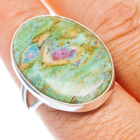 Sterling silver oval cabochon ring with green fuchsite stone and pink center, size 8.75