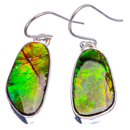 Sterling silver ammolite earrings with oval iridescent green-gold cabochon and hook