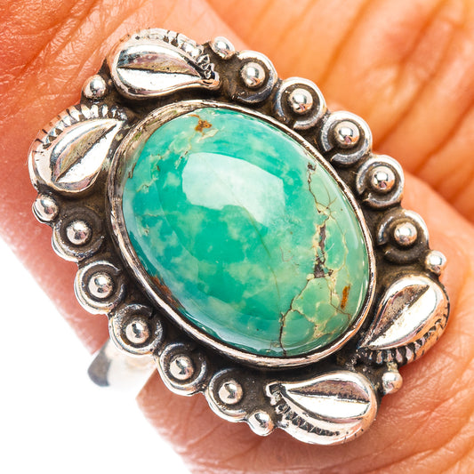 Turquoise oval cabochon sterling silver ring with beaded silver gallery, size 6