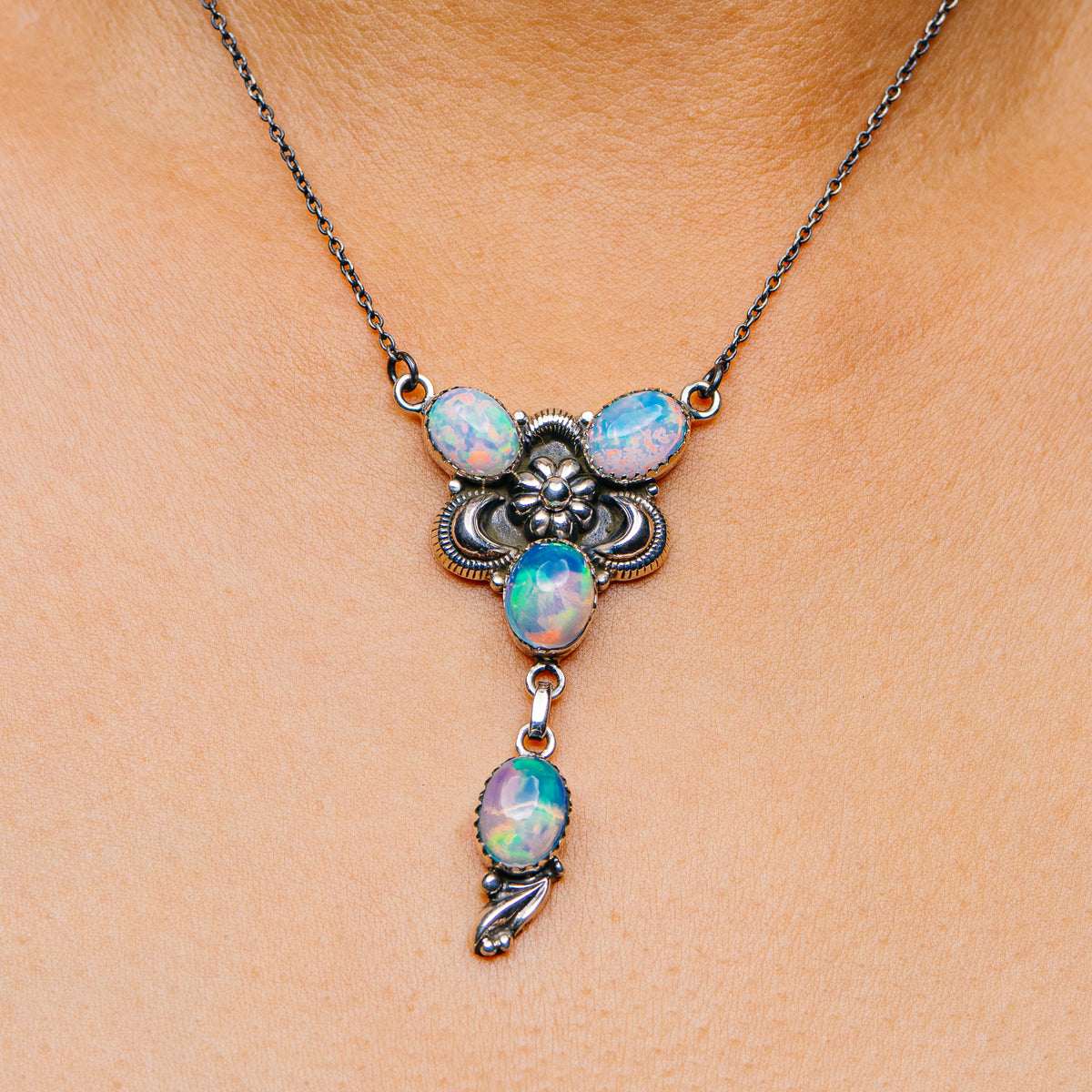925 sterling silver opal pendant necklace with three blue iridescent drops