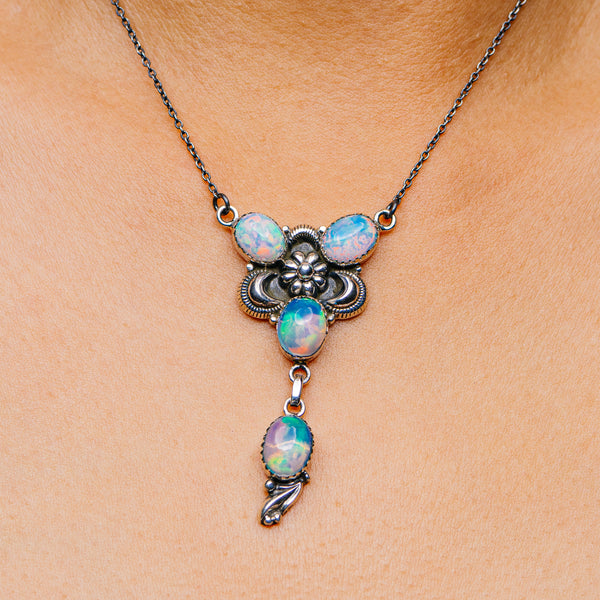 925 sterling silver opal pendant necklace with three blue iridescent drops