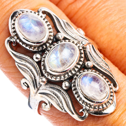 Sterling silver moonstone ring with three oval rainbow moonstone cabochons