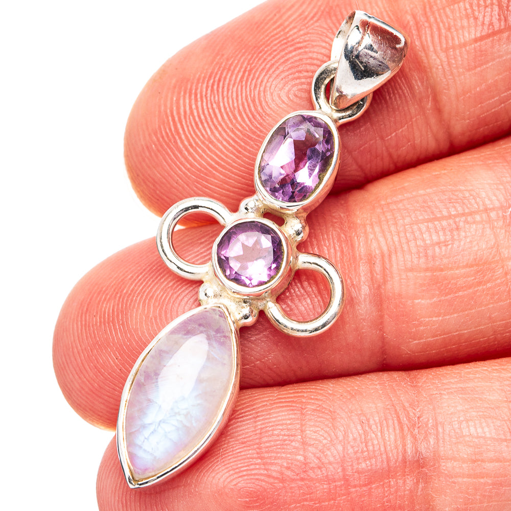 Rainbow Moonstone, Amethyst Pendant 1 5/8" (.925 Sterling Silver)