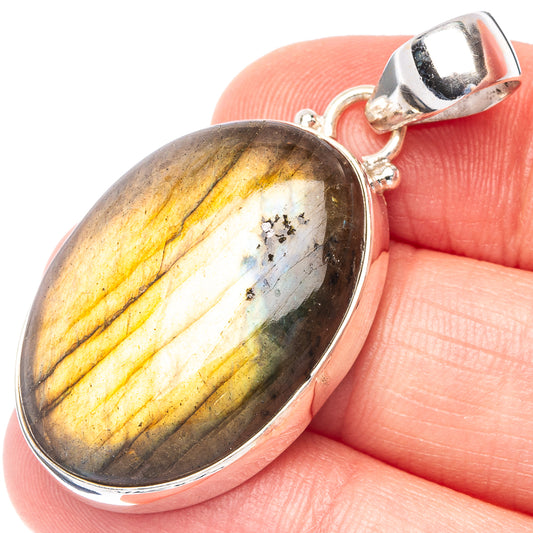 Oval labradorite pendant with 925 sterling silver bezel and bail, dark gold sheen