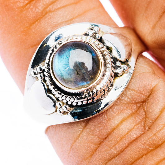 Adjustable .925 sterling silver ring with oval labradorite cabochon and ornate bezel