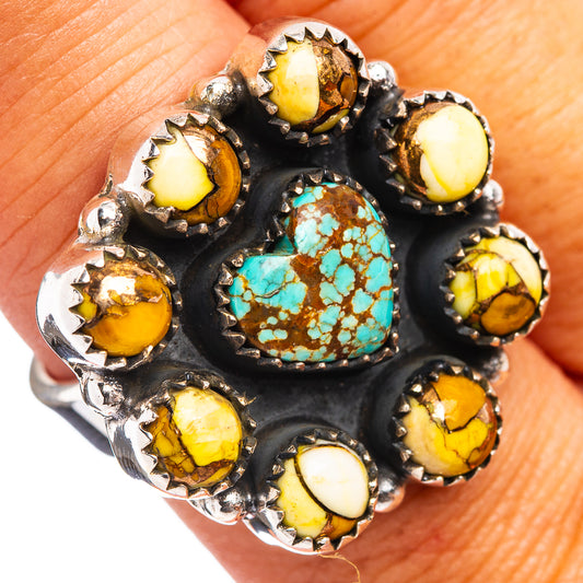 Turquoise and yellow cabochon-stone ring in black prong setting, sterling silver