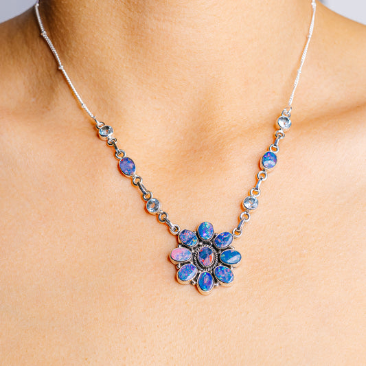 Sterling silver blue gemstone floral pendant necklace, 18–20 in