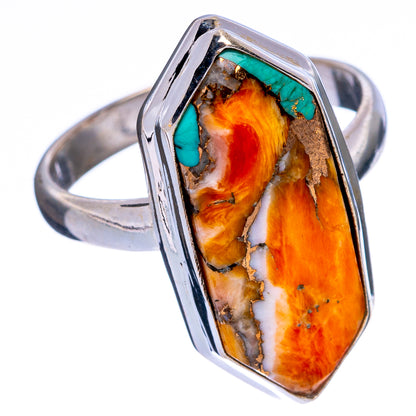 Sterling silver ring with oval spiny oyster in orange, white, and turquoise