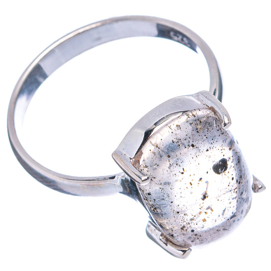 Sterling silver ring with oval rutilated quartz, prong-set with dark speckles
