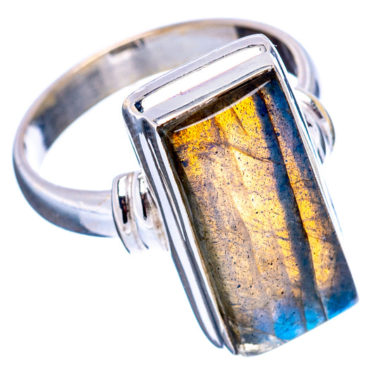 Labradorite sterling silver ring with rectangular blue-gold iridescent stone and raised bezel