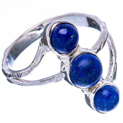 Sterling silver ring with three round blue lapis lazuli cabochon stones, profile