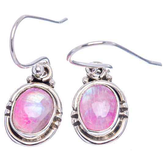 Pink moonstone oval drop earrings with ornate sterling silver bezel and fishhook