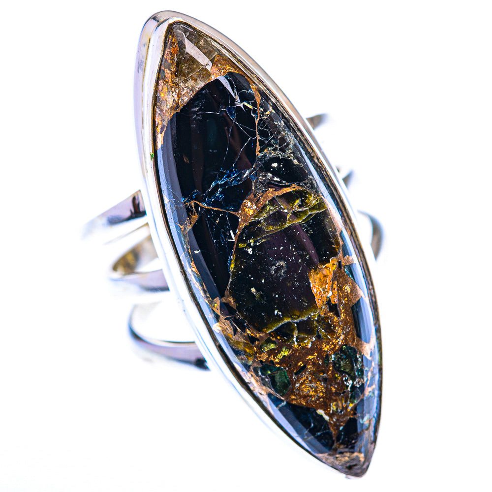 Large oval black onyx ring, silver open-back setting with gold flecks detail