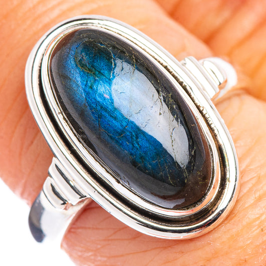 Labradorite oval gemstone ring in .925 sterling silver, blue-gray iridescent stone