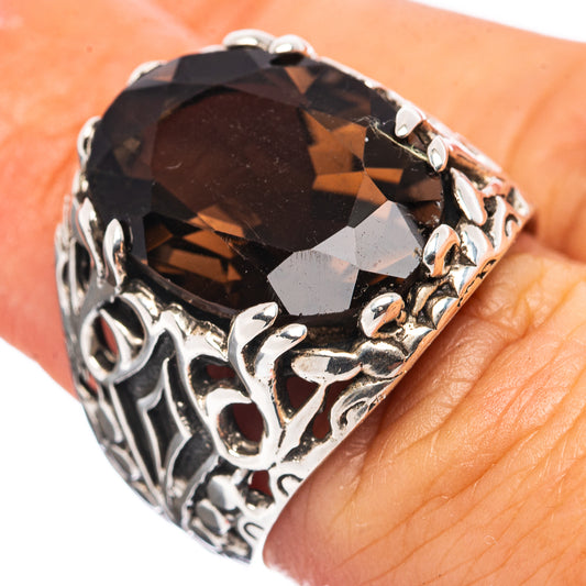 Smoky quartz cocktail ring in .925 sterling silver, faceted dark stone, ornate band
