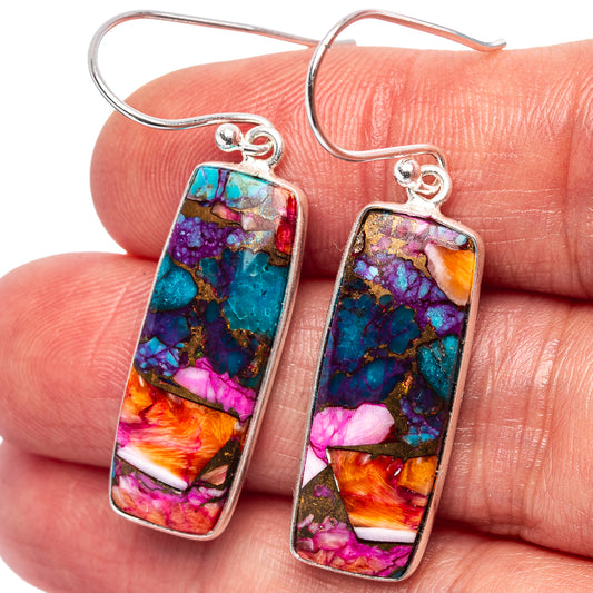 Sterling silver drop earrings with rectangular pink, purple, turquoise mosaic inlay