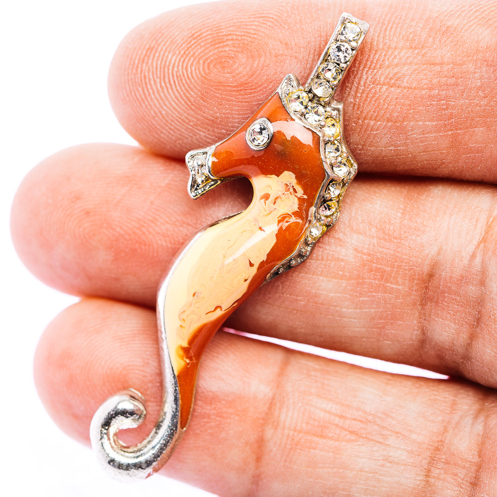 Cubic Zirconia Seahorse Inlay Pendant 2" (.925 Sterling Silver)