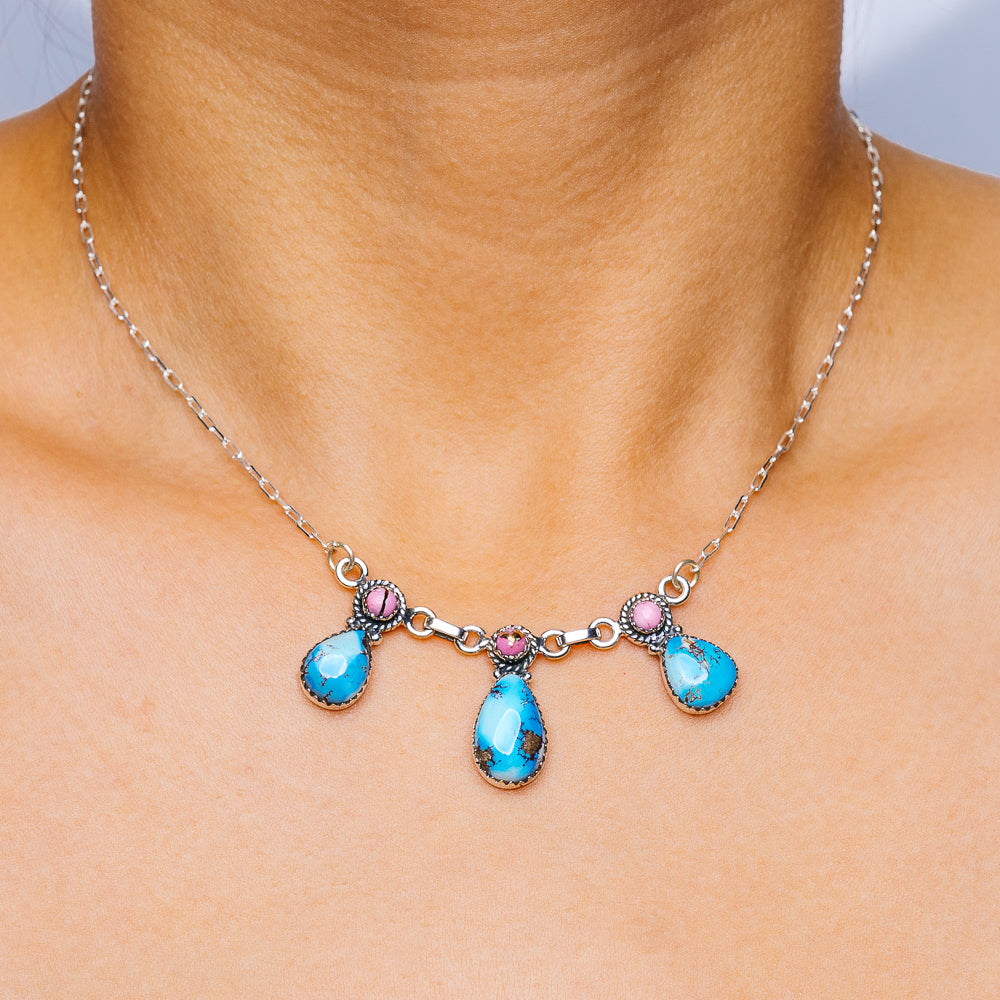 Southwestern Style Golden Hills Turquoise, Cotton Candy Turquoise Necklace 17 to 19" (.925 Sterling Silver)