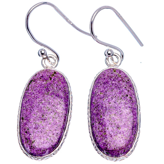 Sterling silver stichtite earrings with oval purple stone drop, fishhook hooks