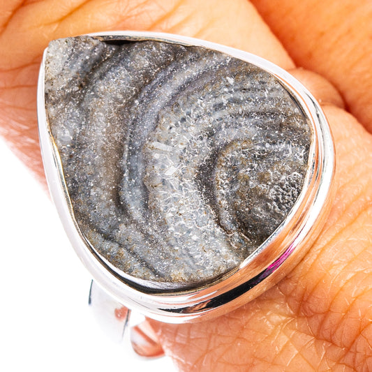 Sterling silver ring with teardrop druzy stone, dark gray with glittery facets