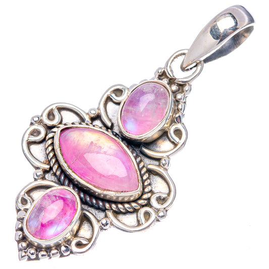 Pink moonstone pendant with bail, .925 sterling silver ornate setting and three oval pink stones