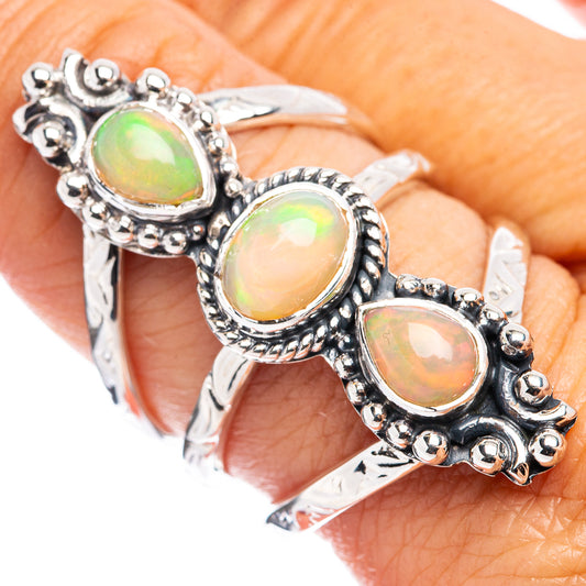 Sterling silver opal ring with three oval Ethiopian opal stones, size 8.75