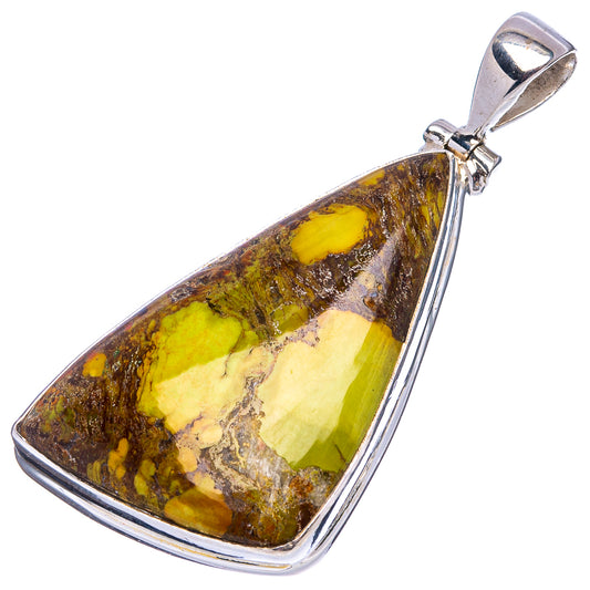 Long gaspeite pendant with .925 sterling silver frame and bail, yellow-green banded stone.