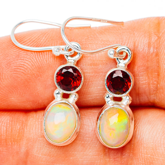Ethiopian Opal, Garnet Earrings 1 1/4" (.925 Sterling Silver)