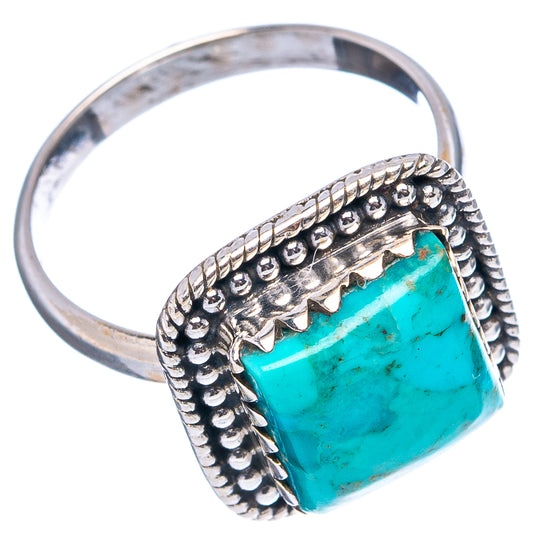 Turquoise square cabochon sterling silver ring with ornate rope border