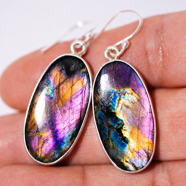 Premium Spectrolite Earrings 1 3/4" (.925 Sterling Silver)
