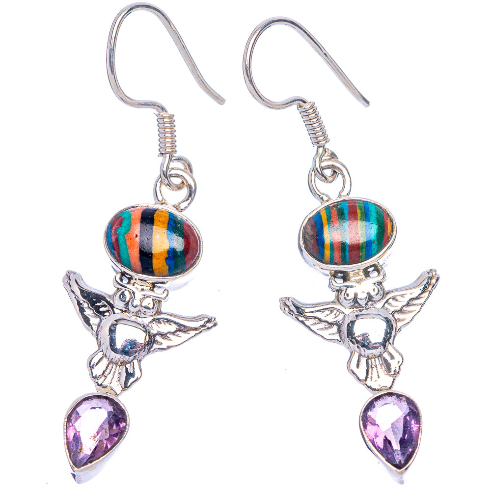 Rainbow Calsilica Owl, Amethyst Earrings 1 3/4" (925 Sterling Silver) E433466