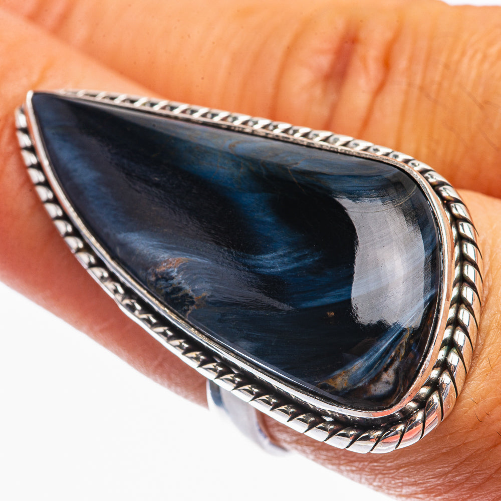 Sterling silver pietersite teardrop ring, dark blue stone with ornate bezel