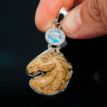 Premium Picture Jasper Horse, Rainbow Moonstone Pendant 1 3/4" (.925 Sterling Silver)