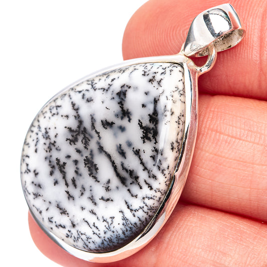 Sterling silver teardrop pendant with white dendritic agate and silver bail