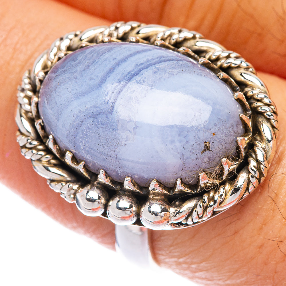 Oval blue lace agate ring with ornate sterling silver setting