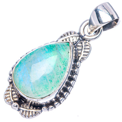 Sterling silver moonstone pendant with large pear-cut green stone and ornate side accents