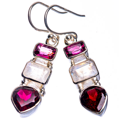 Rainbow Moonstone, Garnet Earrings 1 5/8" (925 Sterling Silver) E432759