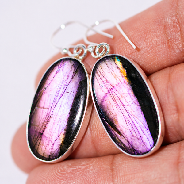 Premium Spectrolite Earrings 1 3/4" (.925 Sterling Silver)