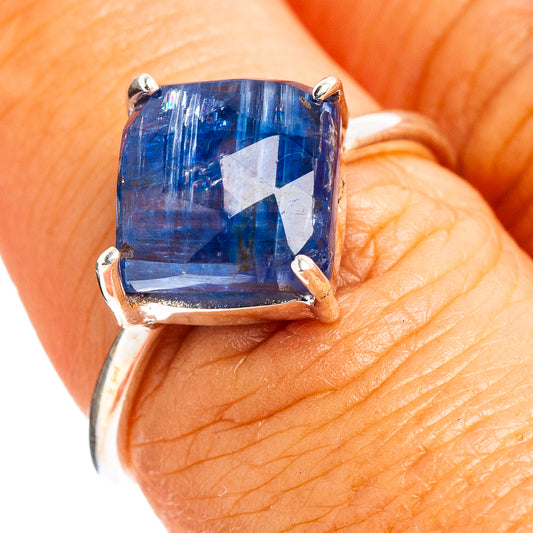 Faceted kyanite ring with blue square stone, set in .925 sterling silver prongs