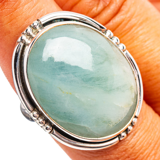 Oval aquamarine sterling silver ring, size 8 (.925), beaded bezel setting