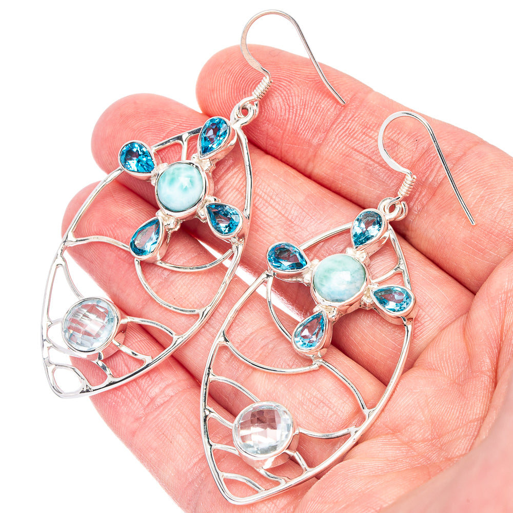 Sterling silver dangle earrings with teal and blue gemstone cluster, spiral filigree