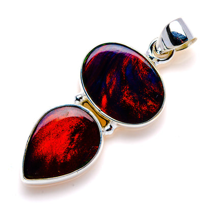 Sterling silver pendant with two teardrop opal glass stones, red-blue iridescent glaze