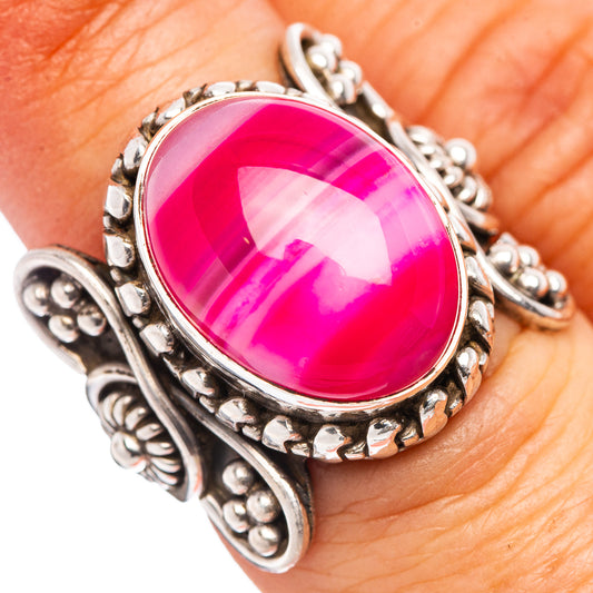Pink banded agate oval ring, .925 sterling silver, ornate bezel and scroll band