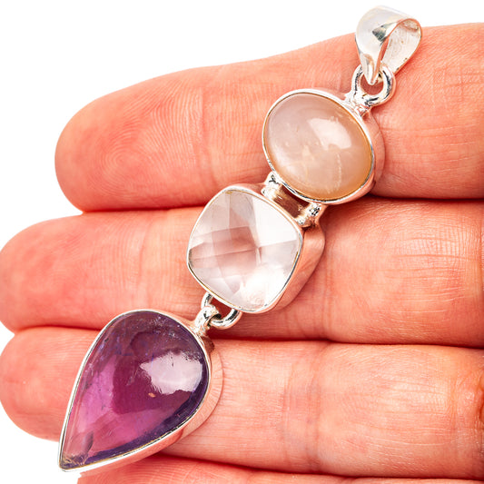 Sterling silver multi-gem teardrop pendant with rose quartz, moonstone, and amethyst